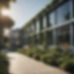 A futuristic building integrating solar panels and green walls for energy efficiency