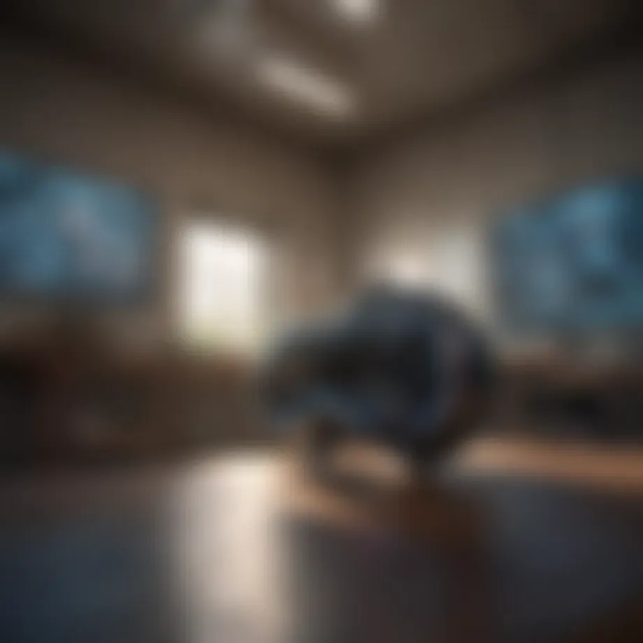 A futuristic classroom utilizing augmented reality for enhanced learning.