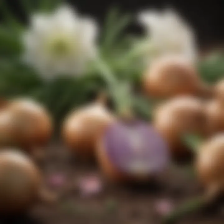 Harvested onions alongside their blossoms, emphasizing culinary and ecological significance