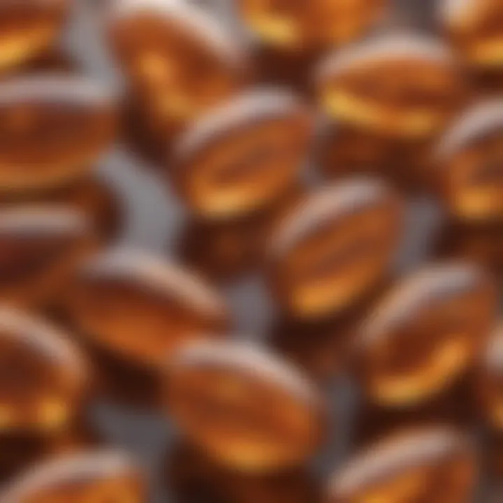 A close-up of omega-3 rich fish oil capsules with a soft gel texture