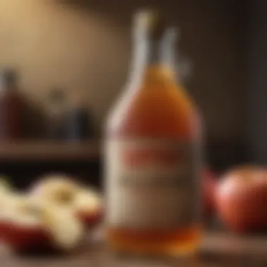 A close-up of apple cider vinegar in a decorative bottle