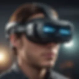 A close-up of an advanced augmented reality headset displaying interactive digital content.