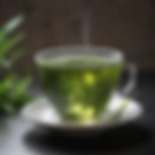 A close-up of freshly brewed green tea in a porcelain cup