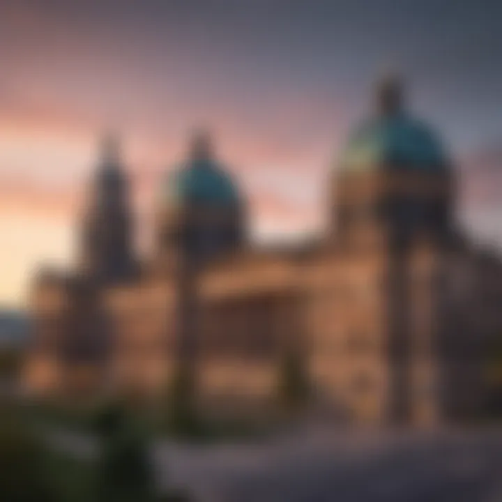 A panoramic view of a prominent Berlin university during sunset