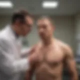 A healthcare professional conducting a physical examination in a correctional facility