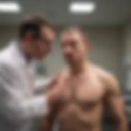 A healthcare professional conducting a physical examination in a correctional facility