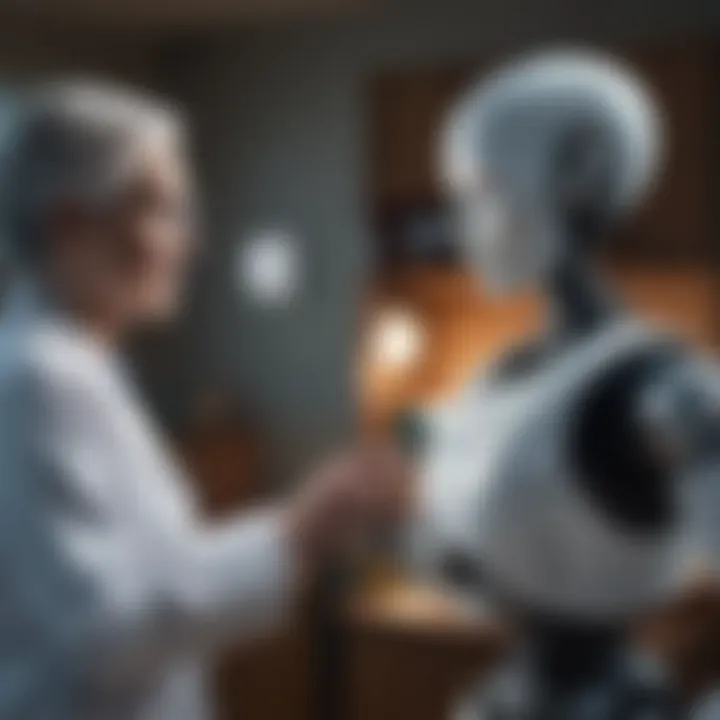 A healthcare professional interacting with a senior care robot in a clinical setting.