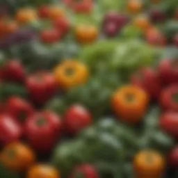 A vibrant assortment of fresh vegetables including leafy greens and colorful bell peppers.