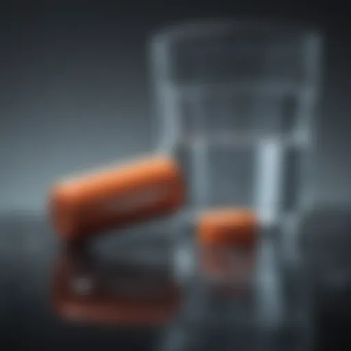 Illustration depicting ibuprofen tablets alongside a glass of water