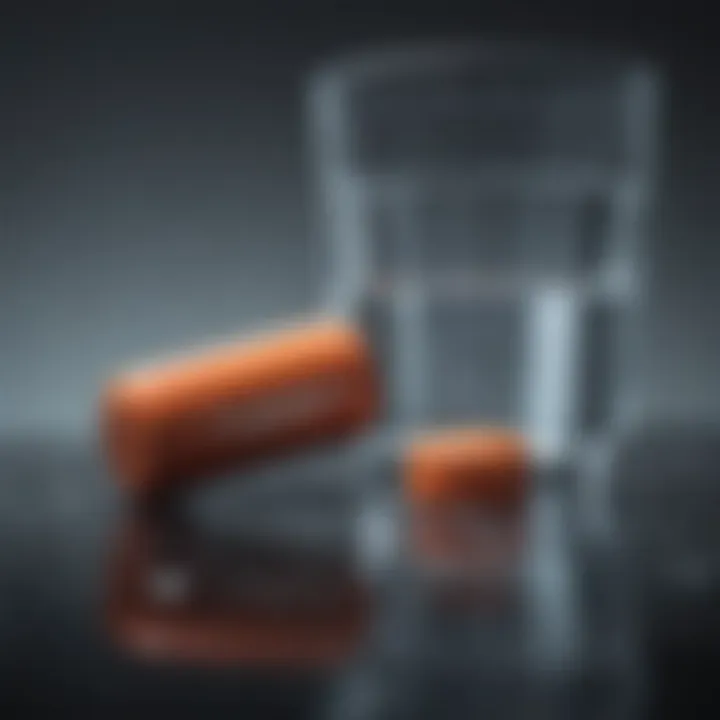 Illustration depicting ibuprofen tablets alongside a glass of water