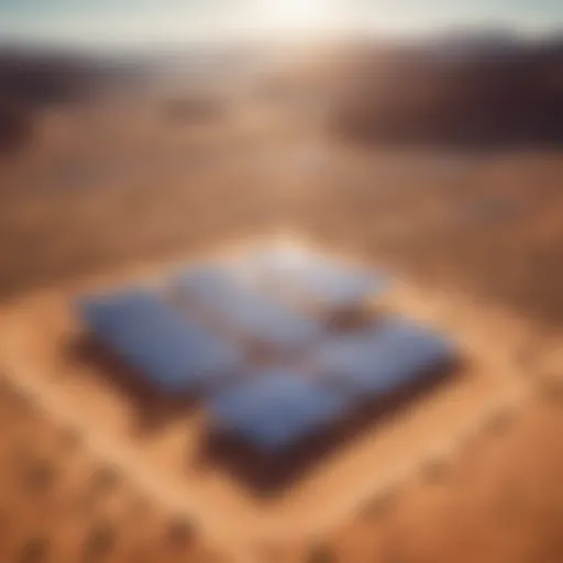 Aerial view of solar panels in a sunny desert landscape