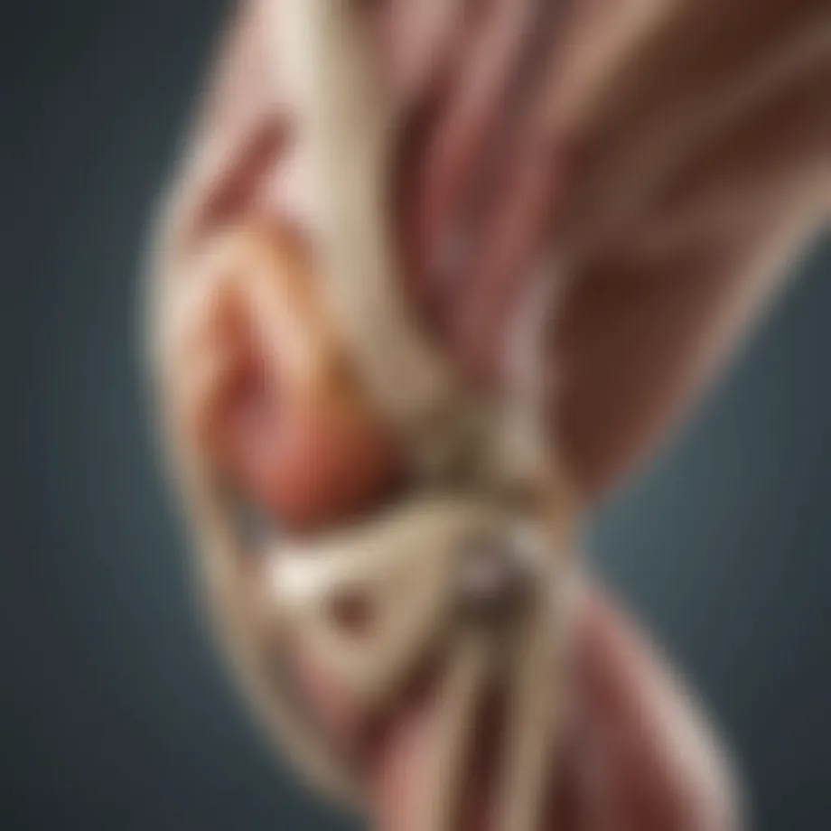 Anatomical illustration of the knee joint showing tendons and ligaments.