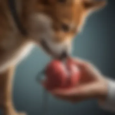 A close-up of a veterinarian examining a dog's heart with a stethoscope.