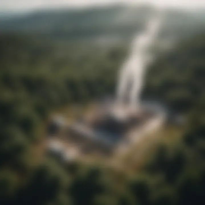 An aerial view of a micro geothermal power site surrounded by lush vegetation.