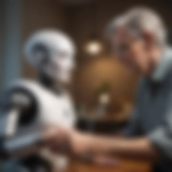 A senior care robot assisting an elderly individual with daily tasks.