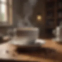 A steaming cup of coffee on a wooden table with a blurred background