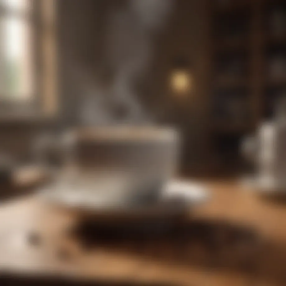 A steaming cup of coffee on a wooden table with a blurred background