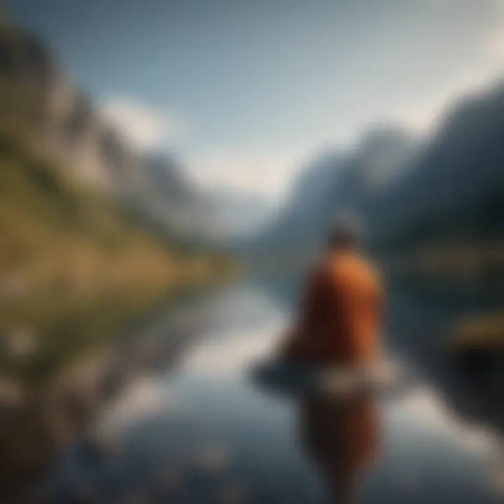 A serene landscape with a person meditating, symbolizing mental well-being amidst media consumption.