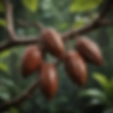 Close-up of cacao pods on a branch