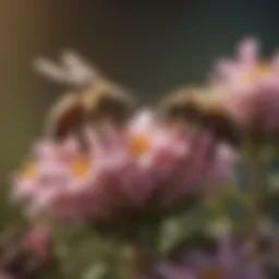 A close-up of bees gathering nectar from flowers