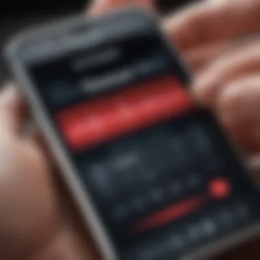 Innovative Glucose Monitoring Technology A close-up of a glucose monitor displaying blood sugar levels with a smartphone app interface.
