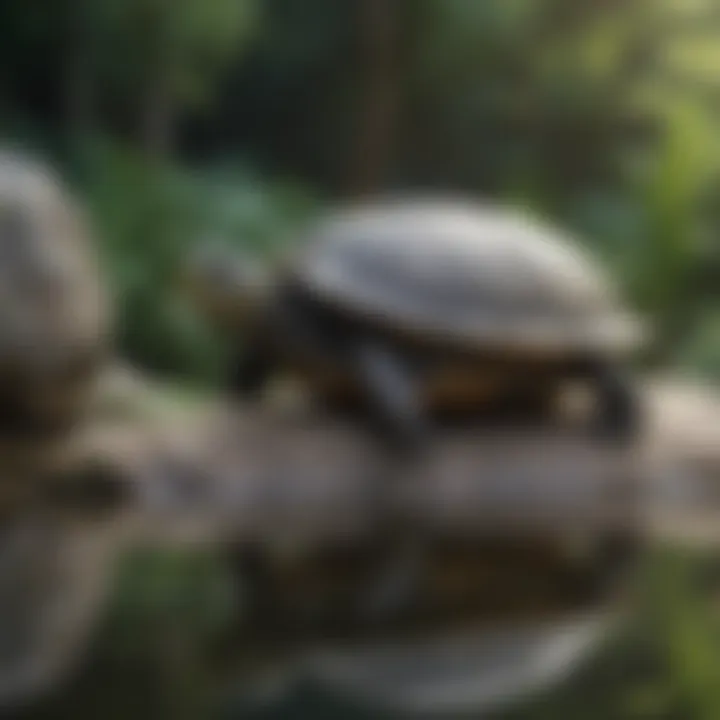 A close-up view of a turtle basking on a rock in a serene pond.