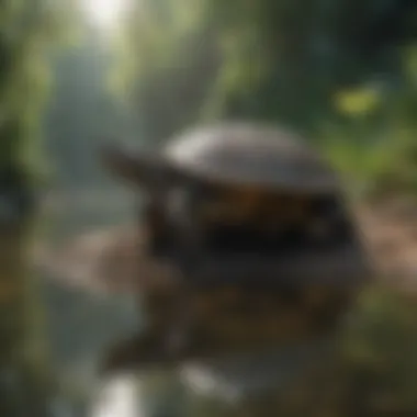 A turtle foraging on the bottom of a freshwater lake.