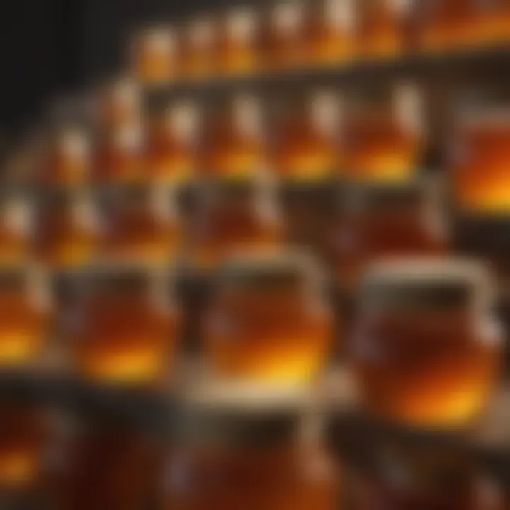 Different types of honey displayed in jars
