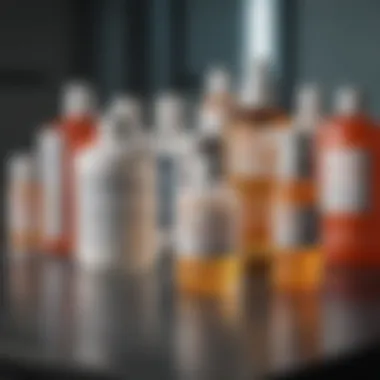 Close-up of various topical disinfectants on a lab table