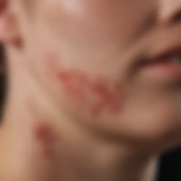 A close-up view of skin lesions typical of psoriasiform dermatitis, showcasing their characteristics.
