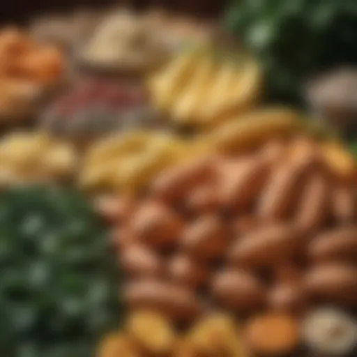 A colorful display of potassium-rich foods such as bananas, spinach, and sweet potatoes.