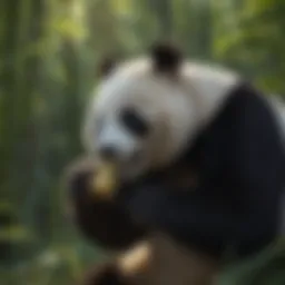 A panda bear munching on bamboo in its natural habitat