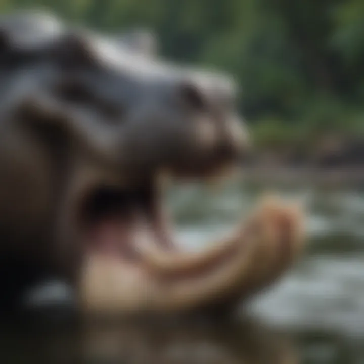 A close-up view of a hippopotamus in a river showcasing its massive jaws and tusks