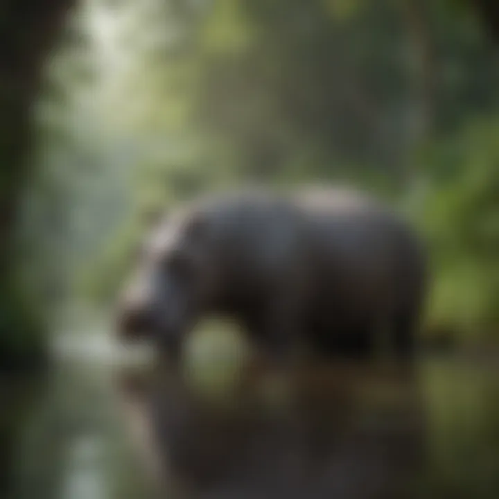 A serene habitat scene featuring hippos in their natural environment among lush vegetation