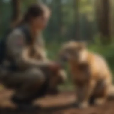 A trainer working with a wild animal in a natural setting, showcasing humane techniques