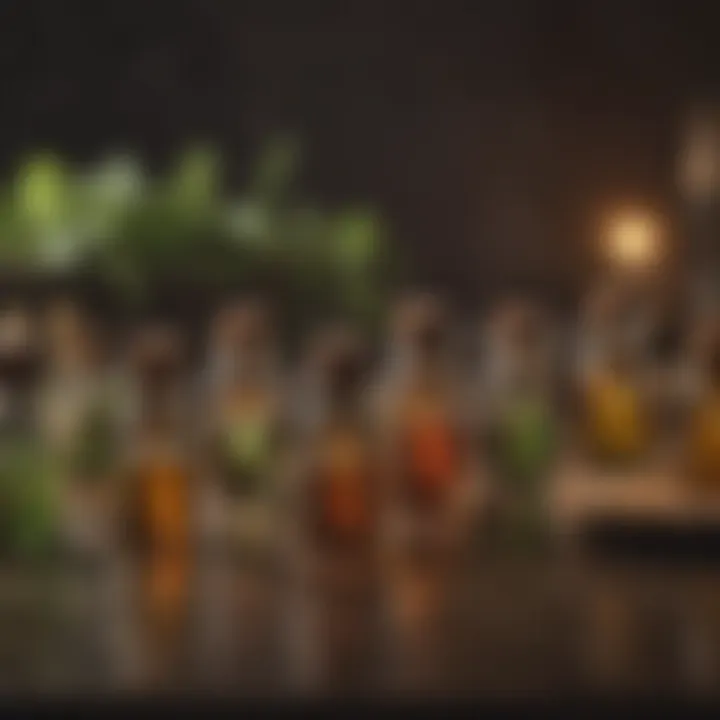 Various essential oils displayed in small bottles with a natural background.